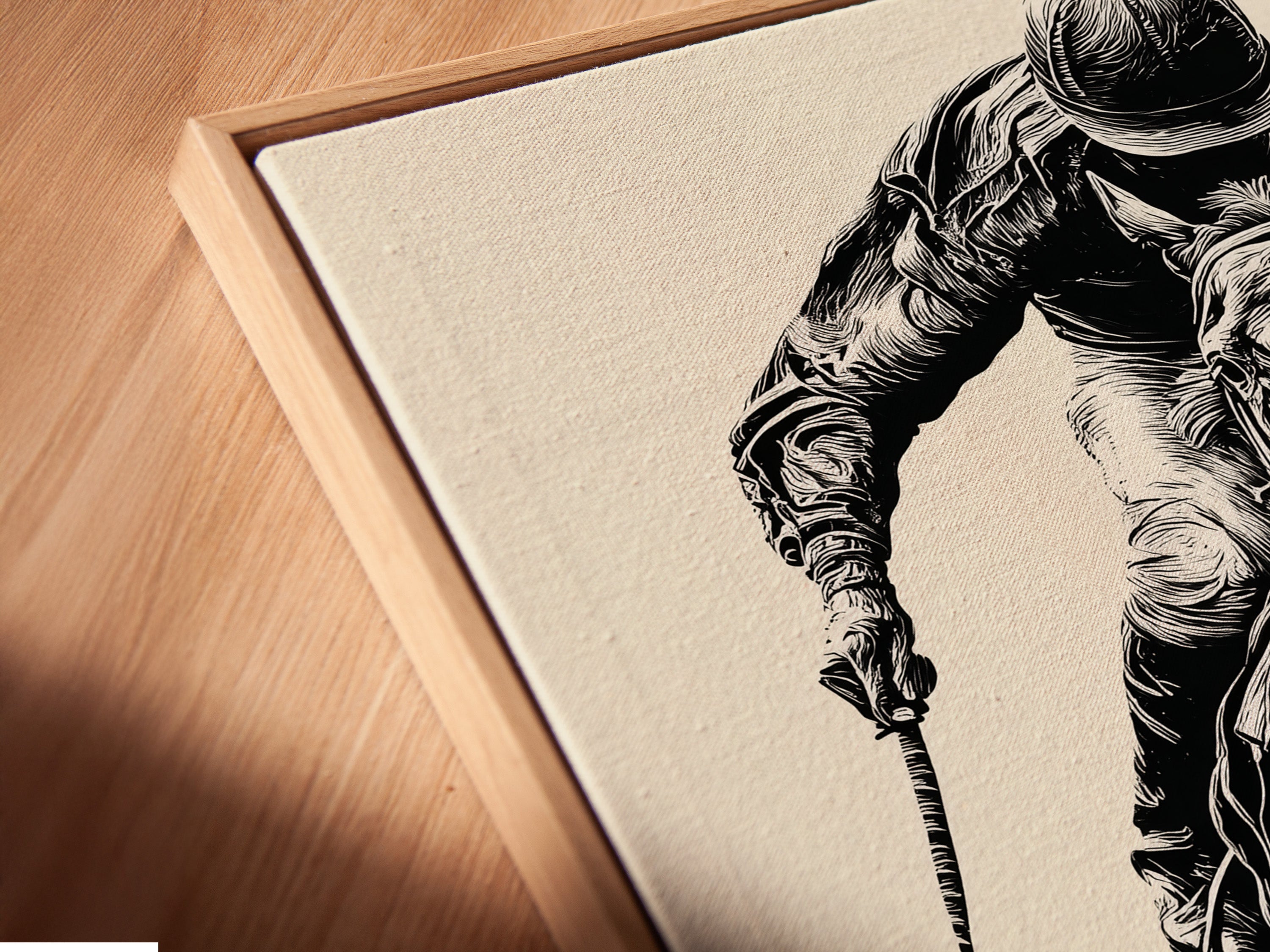 A close-up angled shot of a canvas print in a floating frame. The floating frame enhances the artwork's visual appeal. Experience art in a new dimension with our unique framing options. Find the perfect framed canvas print.