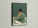 Woman Reading Art Print with a black frame. This coffee art print creates a mindful art experience. This artwork enhances living rooms and reading nooks. A refined contemporary wall decor.