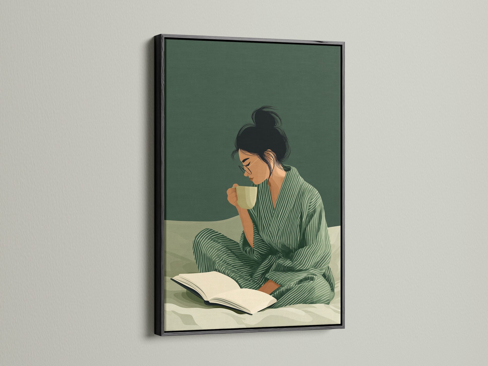 Woman Reading Art Print with a black frame. This coffee art print creates a mindful art experience. This artwork enhances living rooms and reading nooks. A refined contemporary wall decor.