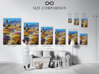 A size comparison chart in an interior setting. See how the desert wildflower artwork fits in different spaces. Visualize the impact of this colorful landscape print. This chart helps you choose the perfect size for your Southwest decor. Transform your room with nature art.