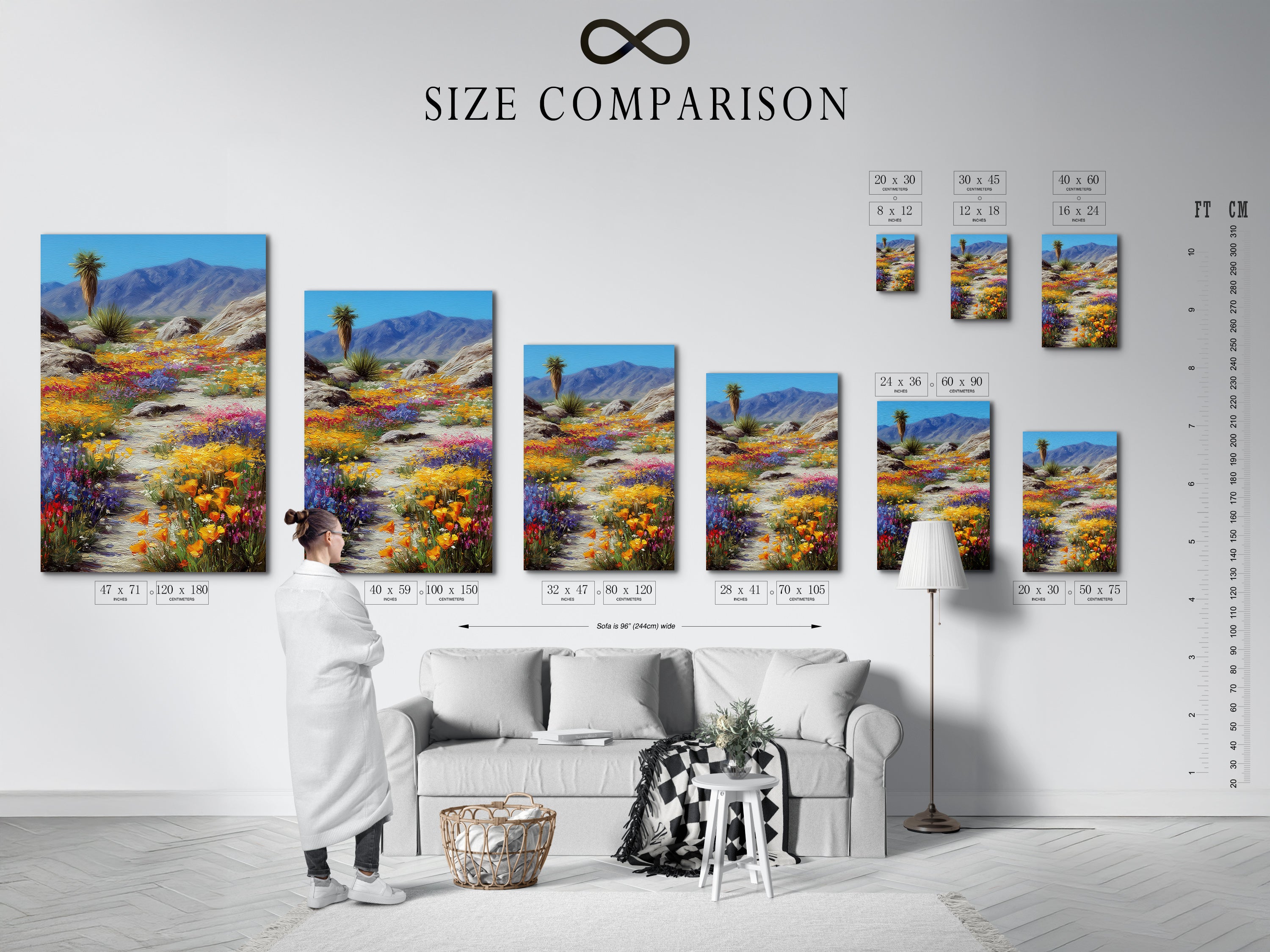 A size comparison chart in an interior setting. See how the desert wildflower artwork fits in different spaces. Visualize the impact of this colorful landscape print. This chart helps you choose the perfect size for your Southwest decor. Transform your room with nature art.