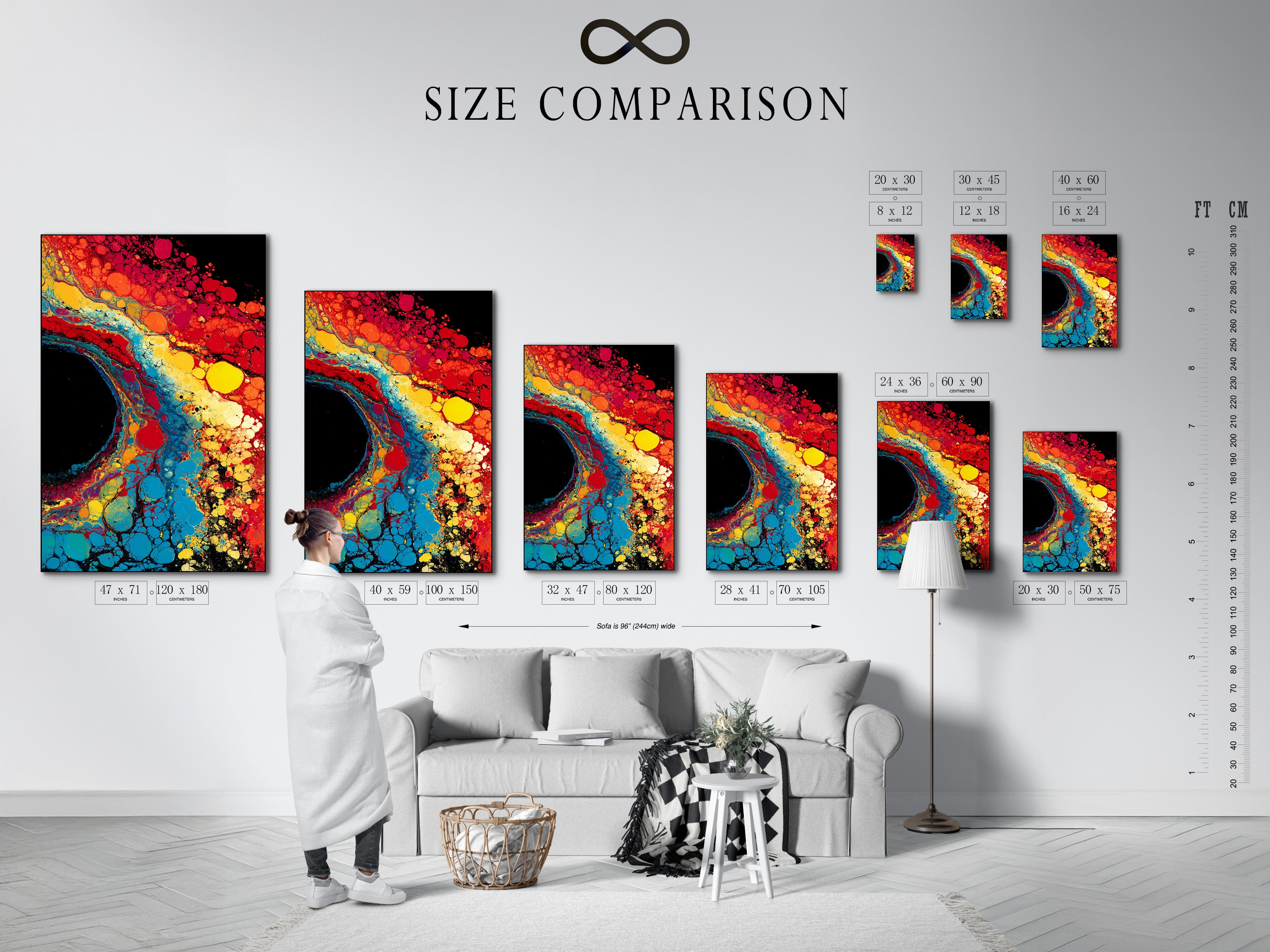 A size comparison chart in an interior setting. This visual aid helps customers understand the different dimensions of available artwork. It allows customers to choose the perfect size for their space. Find the ideal fit for your home decor. Explore size options.