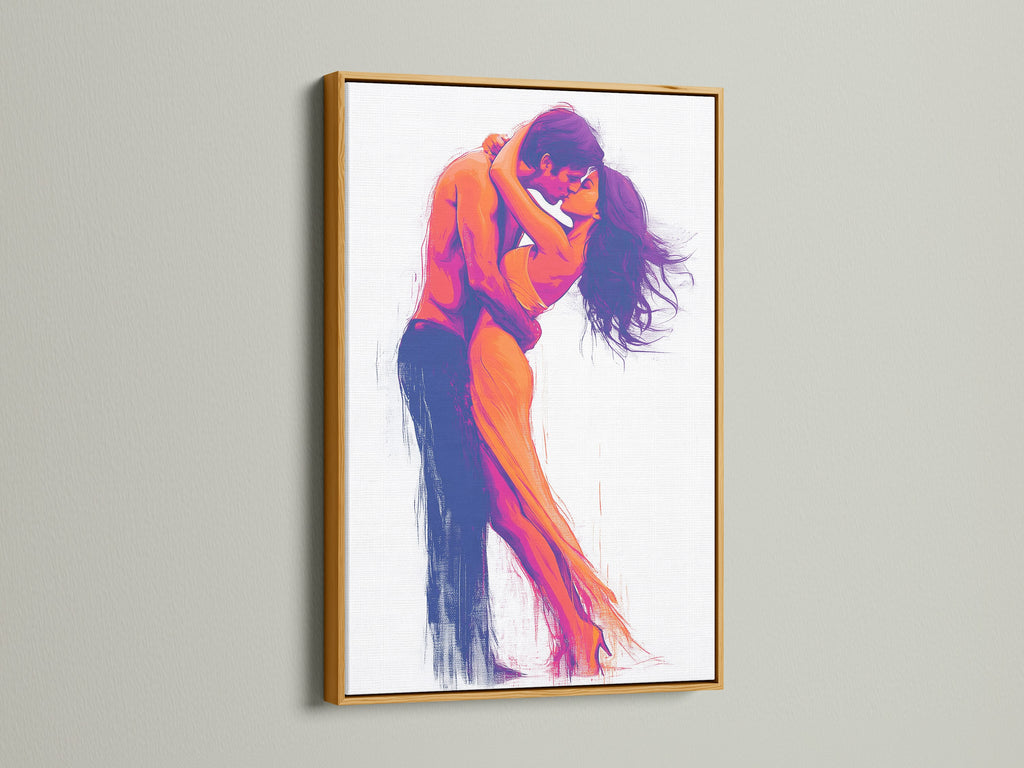 The Passionate Embrace figure painting is displayed in a gold frame. The gold frame adds elegance and warmth to this modern romance artwork. Perfect as a couples gift or for bedroom wall decor. The gold frame enhances the colors.