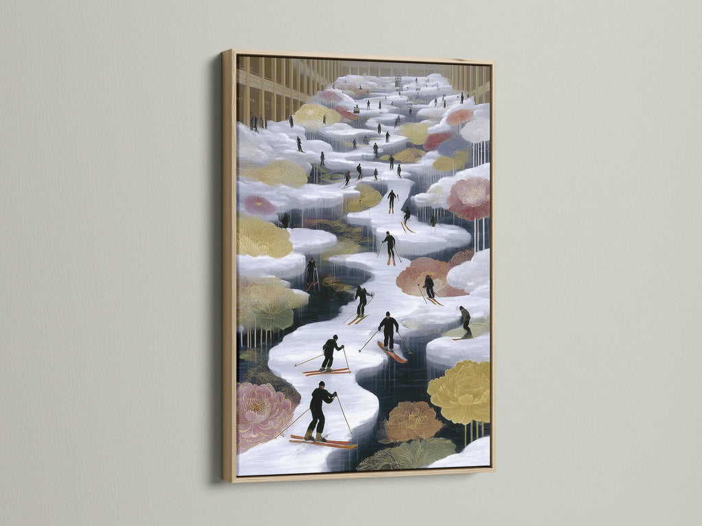 The oak frame enhances this skiing canvas print. A winter sports art piece ideal for any space. The alpine canvas print brings the mountain landscape indoors. This snow art print is a cozy cabin wall decor addition.
