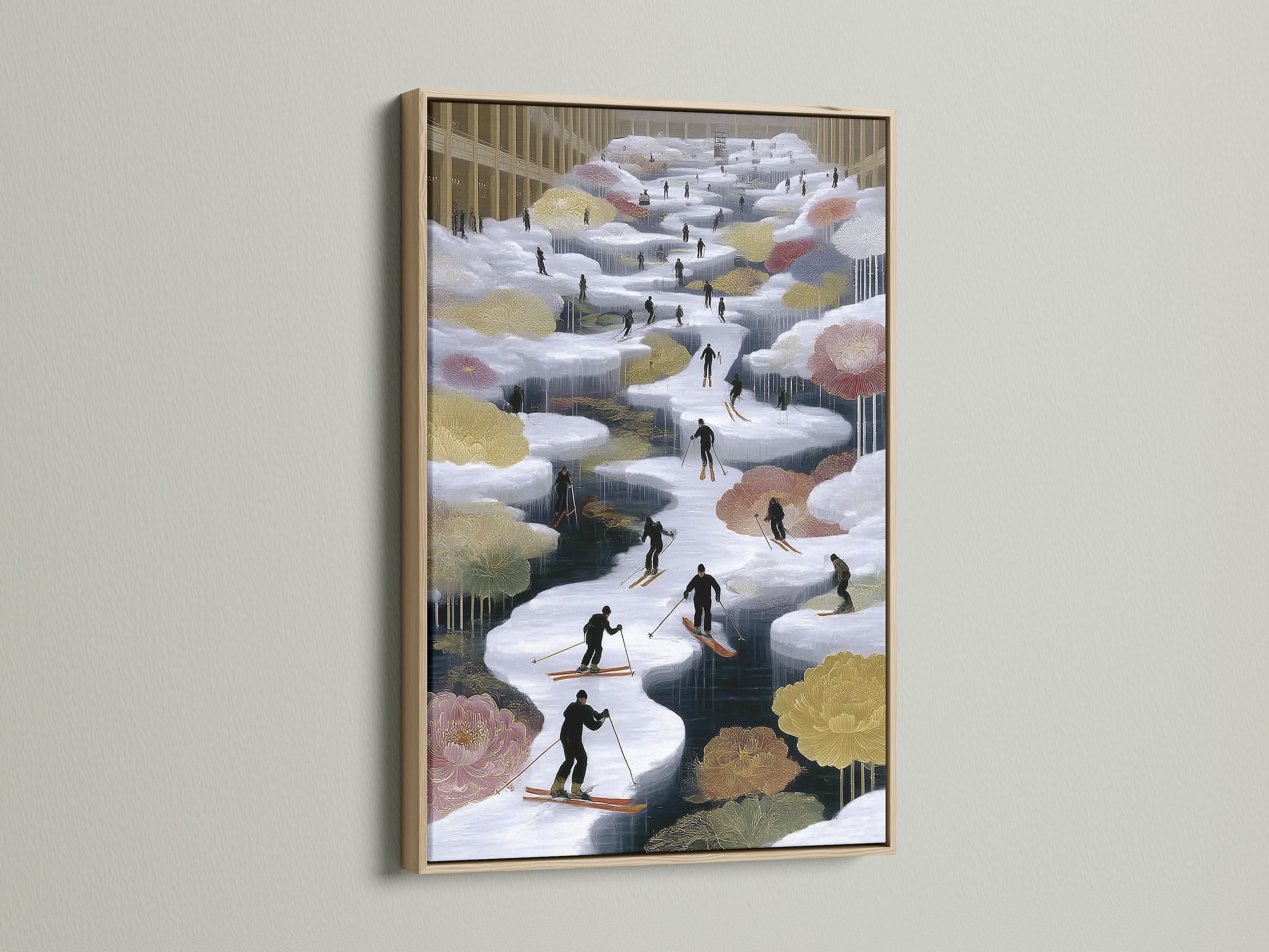 The oak frame enhances this skiing canvas print. A winter sports art piece ideal for any space. The alpine canvas print brings the mountain landscape indoors. This snow art print is a cozy cabin wall decor addition.
