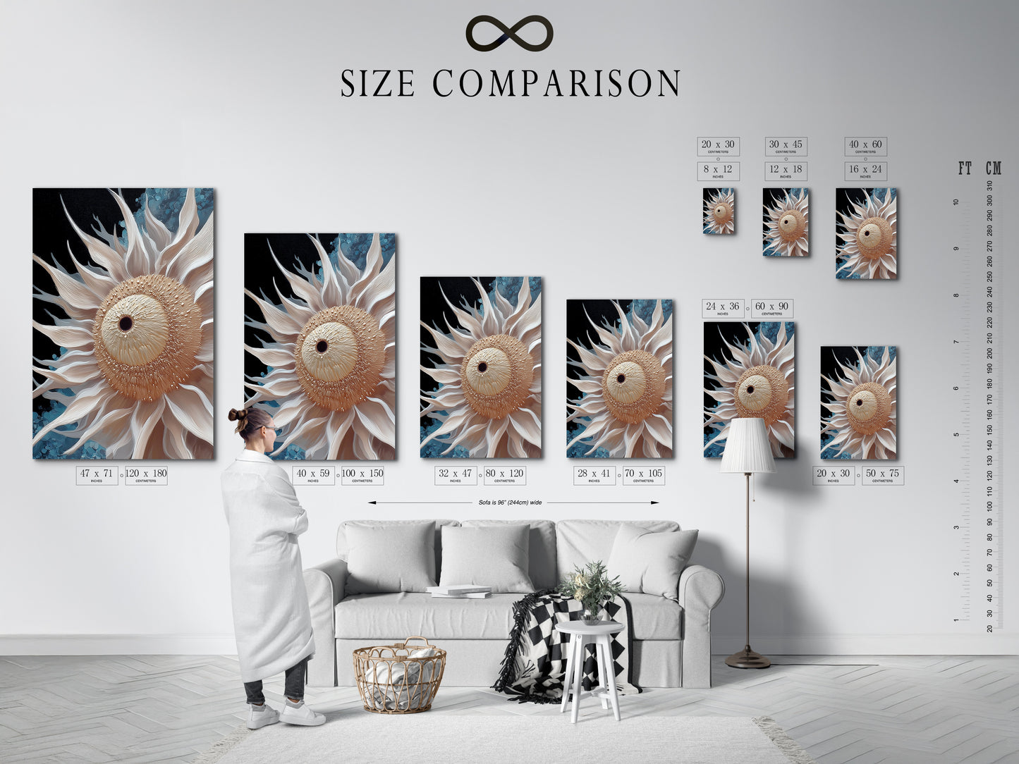 A size comparison chart shows how the beige sunflower artwork fits in various interior settings. Visualize the impact of this modern botanical print. The neutral floral canvas enhances any room. See how the flower artwork complements scandi decor. It helps you choose the perfect size for your space.