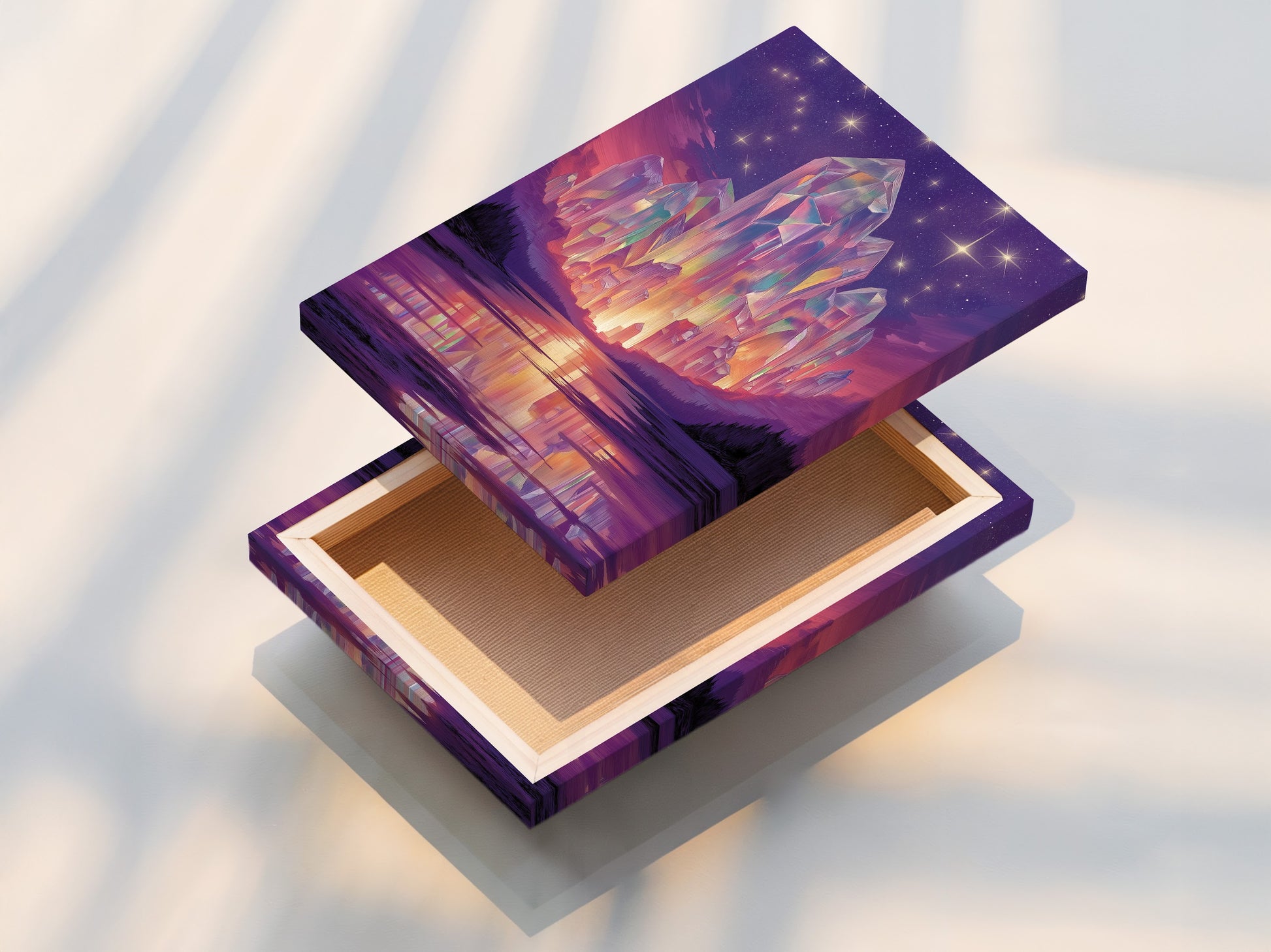 A stretched canvas print of the Crystal Fantasy Art Print. This mystical purple landscape brings a touch of surrealism to any room. The stretched canvas is ready to hang. Perfect for adding fantasy prints to your home decor.