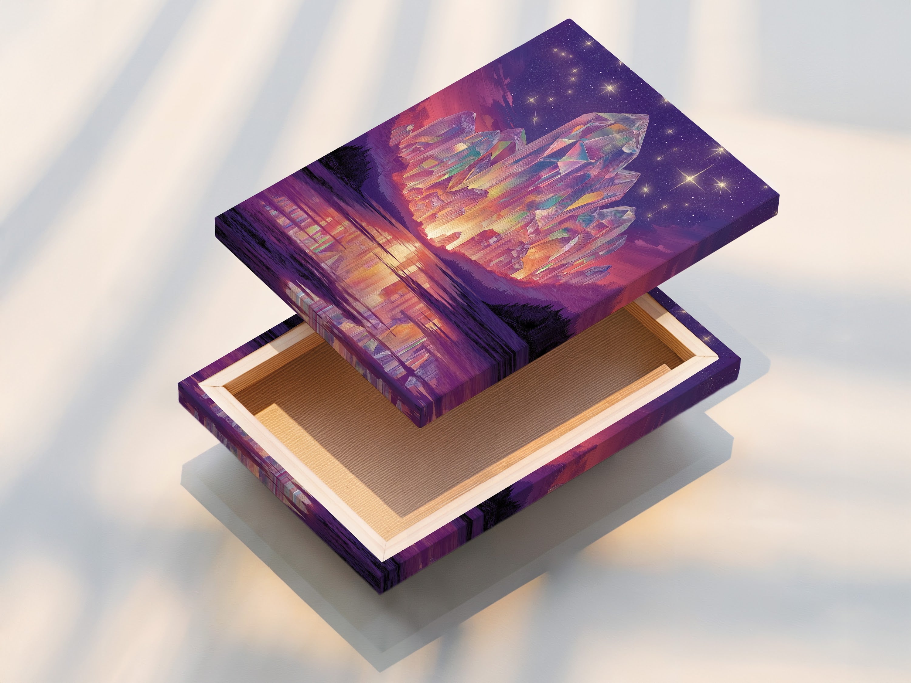 A stretched canvas print of the Crystal Fantasy Art Print. This mystical purple landscape brings a touch of surrealism to any room. The stretched canvas is ready to hang. Perfect for adding fantasy prints to your home decor.