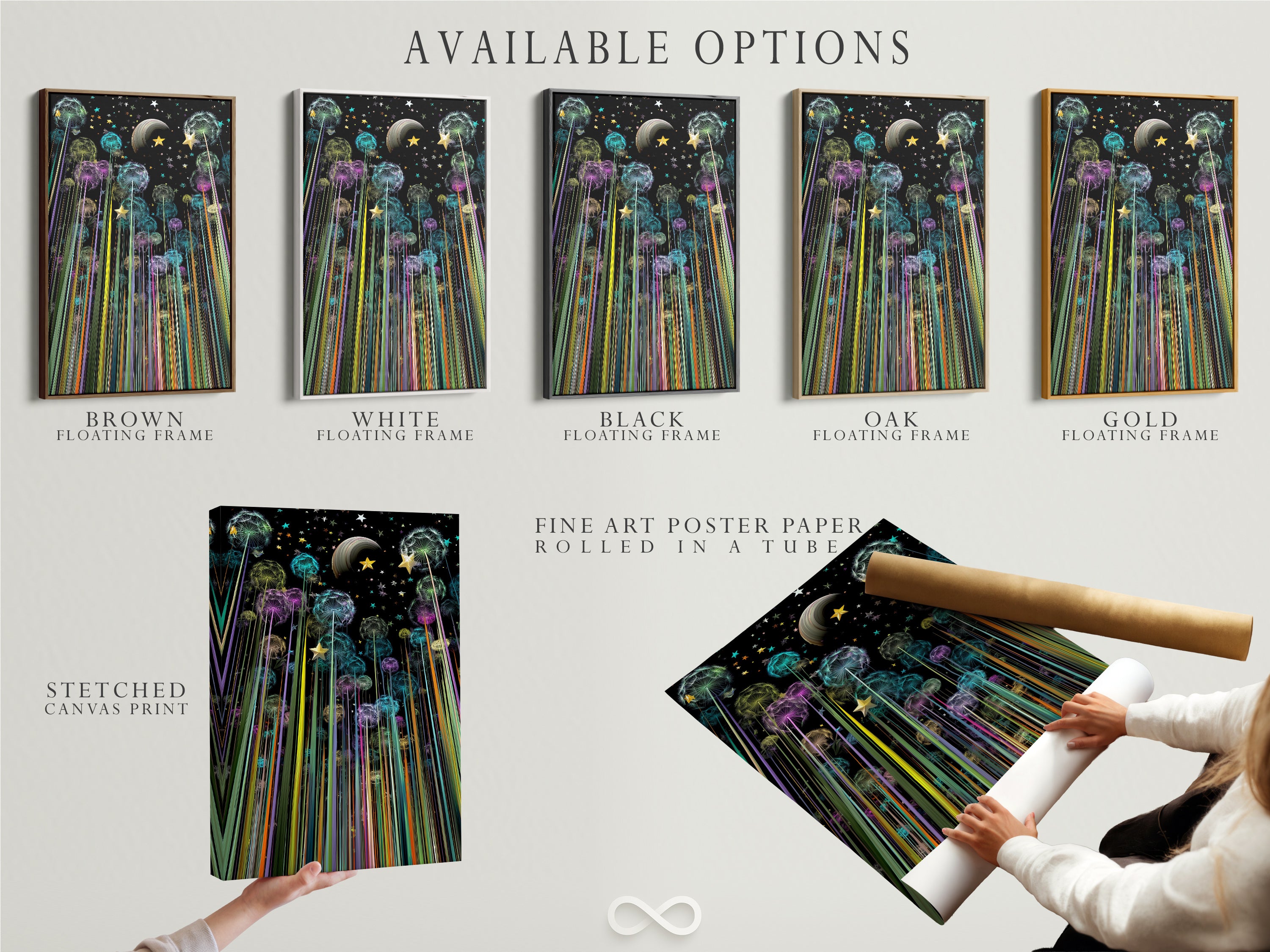 Available options include stretched canvas print fine art poster paper and floating frame. Select the best format for your Dandelion Galaxy artwork. Enjoy celestial art your way. Perfect for adding colorful artwork to any space.