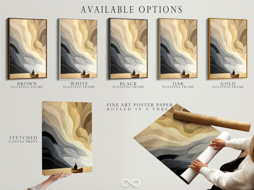 Available options for abstract boat art. Choose from a stretched canvas print. Fine art poster paper is available. Select a floating frame to complete your artwork. The neutral tone artwork enhances any office decor. Find the perfect modern artwork option.