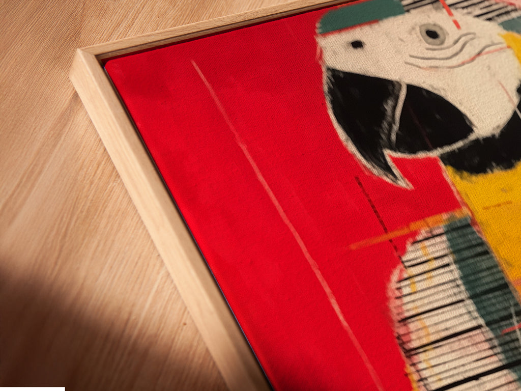 A close-up shot reveals a canvas print in a floating frame. This framing style gives the art depth. The parrot artwork looks stunning and modern. Add dimension to your walls with floating frame canvas prints.