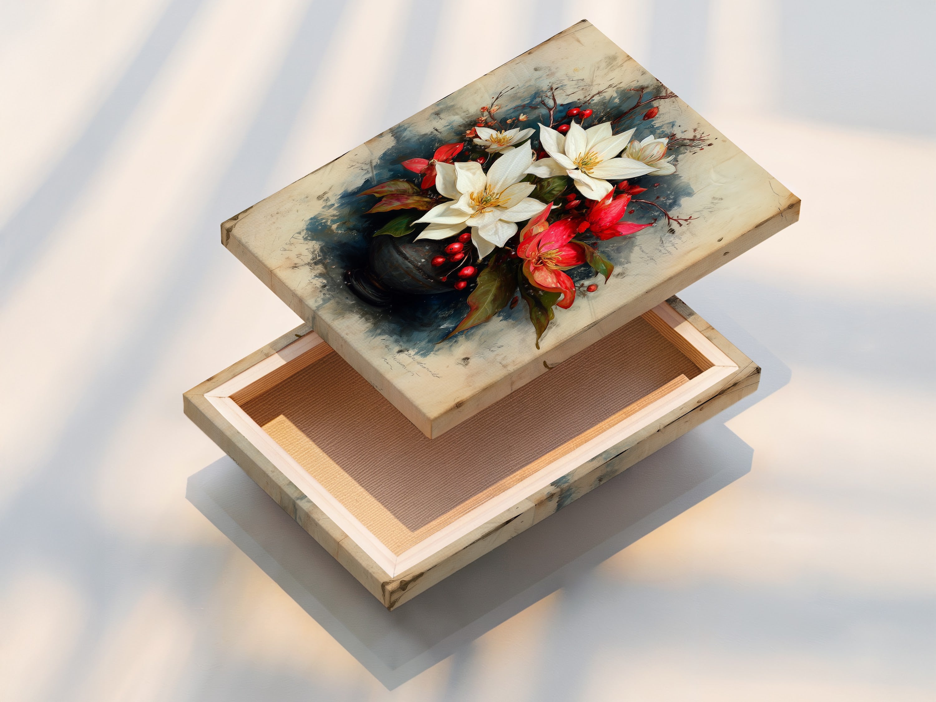 Close up of a stretched canvas print of poinsettia vintage floral wall art. Red and white flower art is perfect for holiday decor. Enhance your dining room with this botanical print. A sophisticated flower artwork for any space.