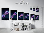 Size comparison chart in an interior setting featuring the Neon Dumbbell artwork. This electric gym wall art is perfect for home gym decor. See how the fitness canvas print fits in various spaces. Ideal for planning your weightlifting room accents. Find the perfect size for your workout motivation.
