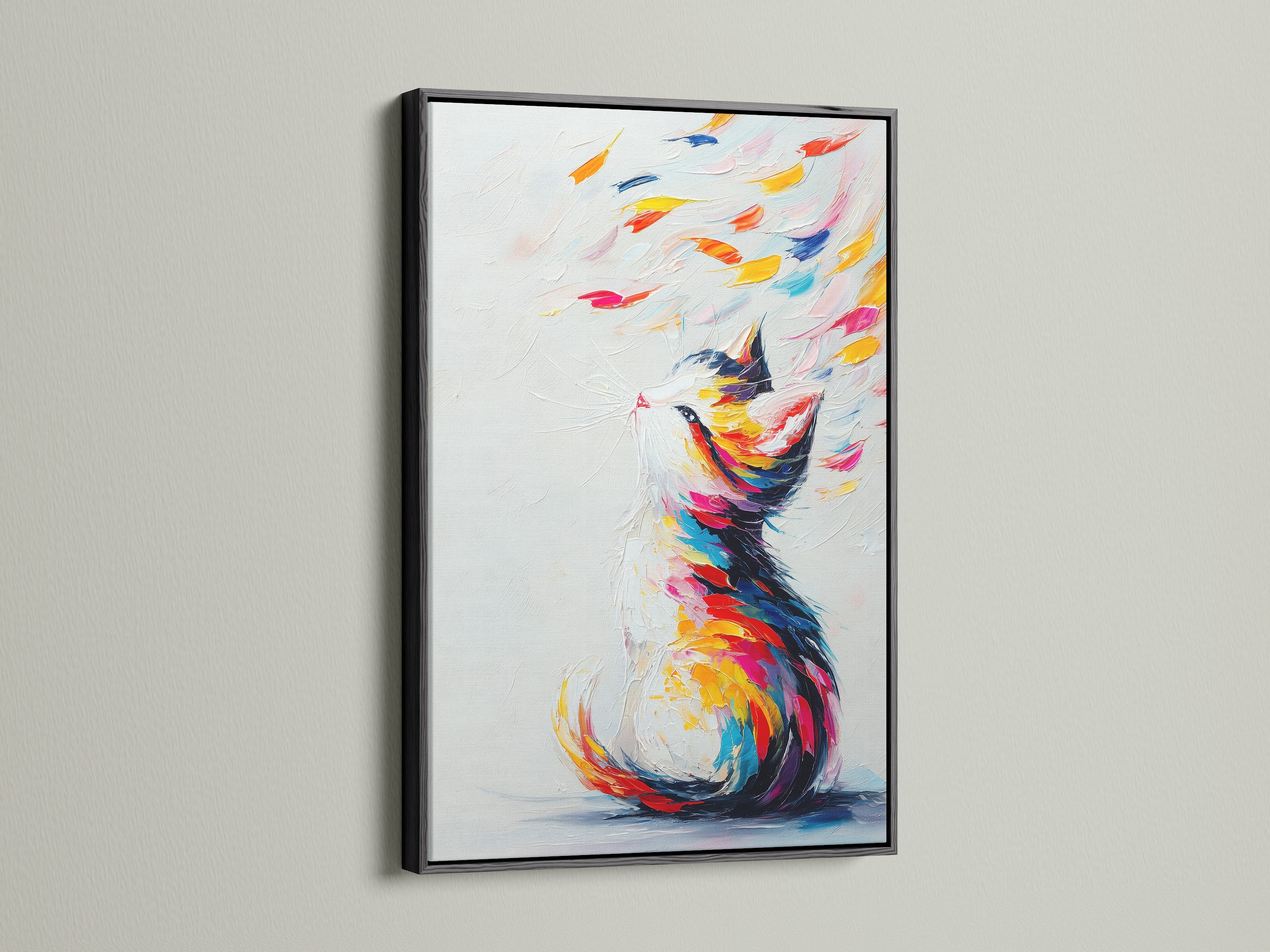 A striking black frame highlights a colorful cat artwork. The abstract pet print is a modern wall decor piece. The rainbow hues add vibrancy to any space. It is ideal for those seeking joyful contemporary art. This feline artwork is perfect for creating a stylish and playful atmosphere.