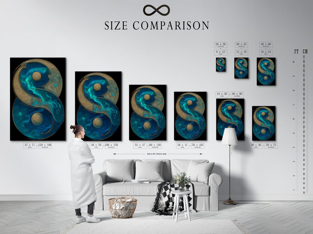 A size comparison chart displays Yin Yang canvas art in an interior setting. This teal blue and gold artwork fits minimalist and coastal styles. Perfect for homeowners renters and interior designers. This spiritual wall art enhances living rooms bedrooms and studios.
