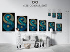 A size comparison chart displays Yin Yang canvas art in an interior setting. This teal blue and gold artwork fits minimalist and coastal styles. Perfect for homeowners renters and interior designers. This spiritual wall art enhances living rooms bedrooms and studios.