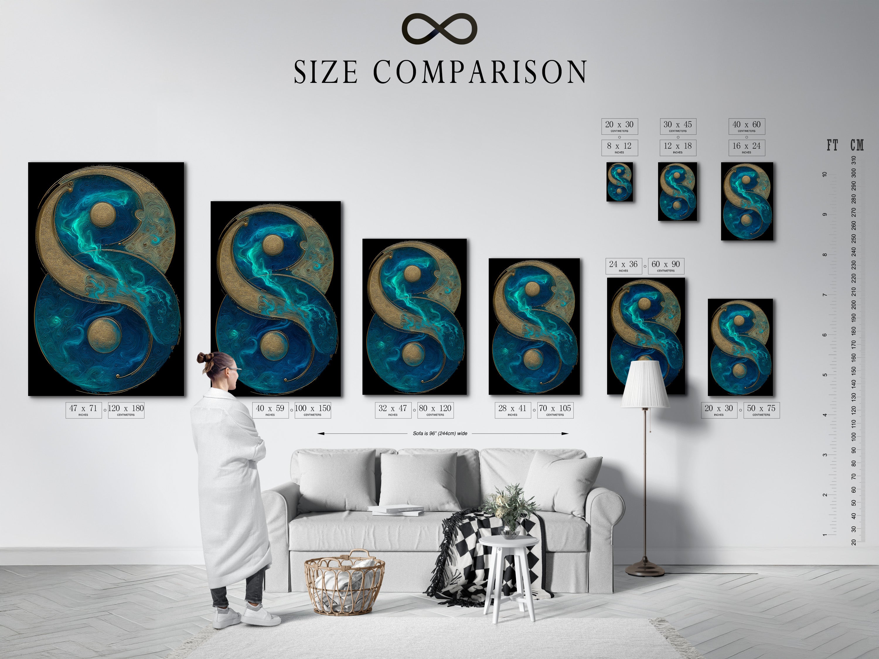 A size comparison chart displays Yin Yang canvas art in an interior setting. This teal blue and gold artwork fits minimalist and coastal styles. Perfect for homeowners renters and interior designers. This spiritual wall art enhances living rooms bedrooms and studios.