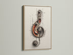 A steampunk music note artwork is framed in oak. The mechanical treble clef wall art is a vintage drawing. The industrial decor is ideal for a music room. The beige artwork is an ideal gift for music enthusiasts and steampunk fans.