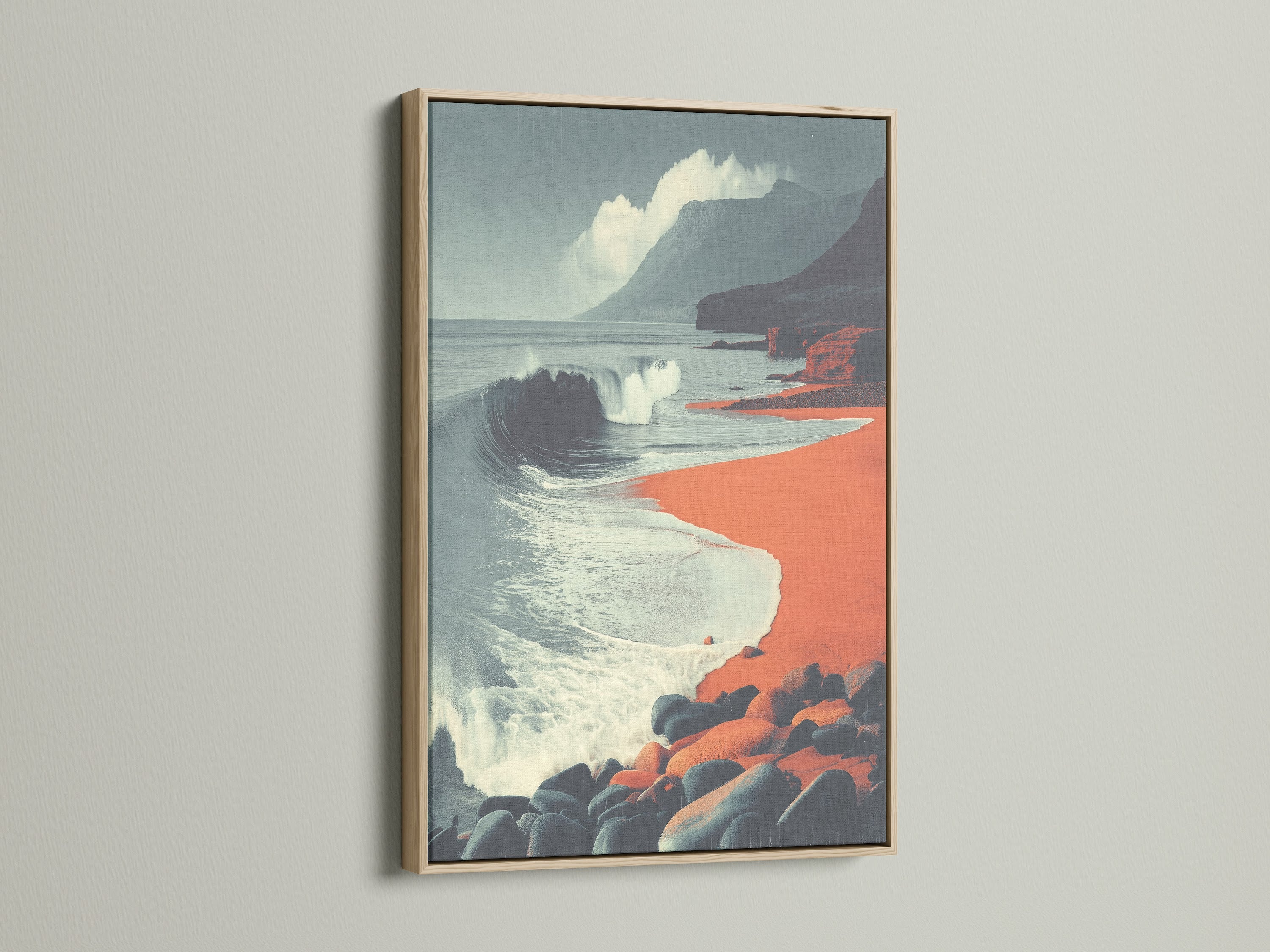 Coastal Wave art is displayed in an oak frame. The natural wood grain enhances the seascape print. Perfect for homeowners and interior art lovers. A great way to bring a beachy vibe to your living space.