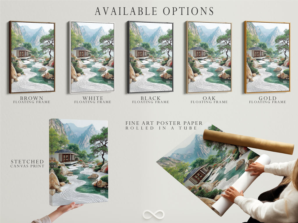 Available options for the Japanese Zen Garden artwork. Choose from a stretched canvas print or fine art poster paper. Consider a floating frame to enhance your Asian landscape. Find the perfect style for your meditation room. Bring peaceful scenery to any space.