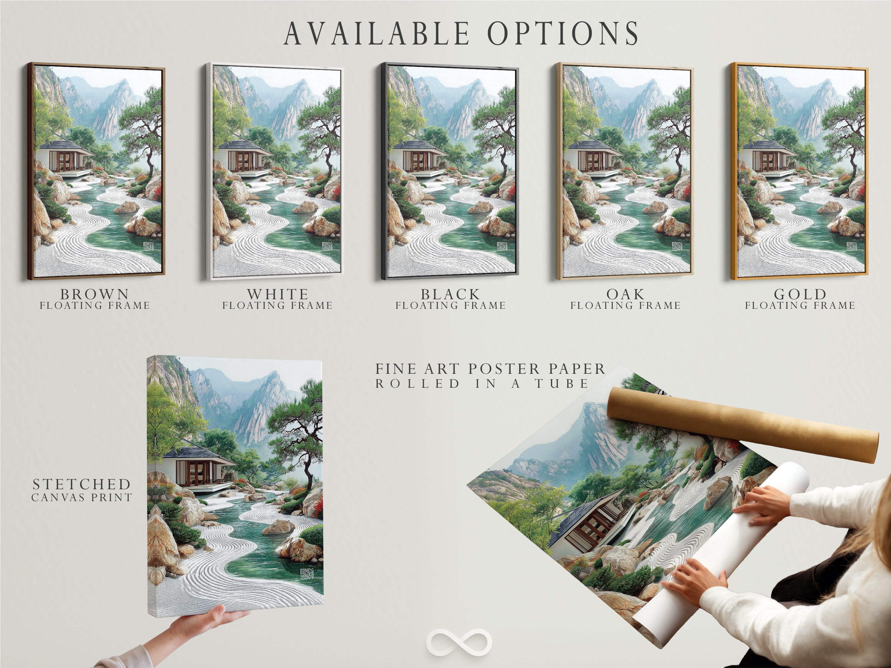 Available options for the Japanese Zen Garden artwork. Choose from a stretched canvas print or fine art poster paper. Consider a floating frame to enhance your Asian landscape. Find the perfect style for your meditation room. Bring peaceful scenery to any space.