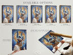 Available options for the Anubis Mosaic Artwork are displayed. These options include a stretched canvas print. Also a fine art poster paper and a floating frame. This Egyptian God Wall Art piece features blue and gold religious imagery.