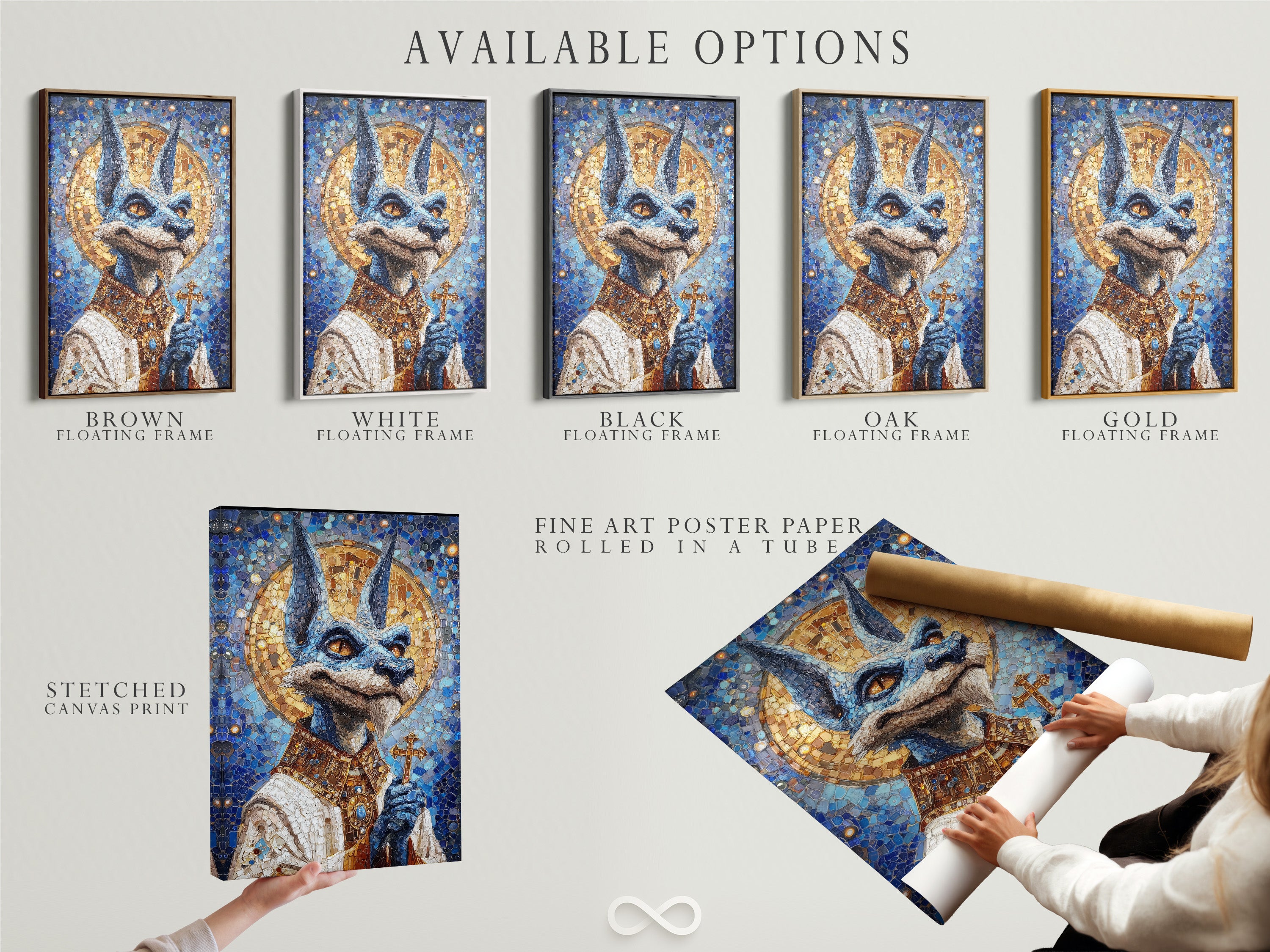 Available options for the Anubis Mosaic Artwork are displayed. These options include a stretched canvas print. Also a fine art poster paper and a floating frame. This Egyptian God Wall Art piece features blue and gold religious imagery.