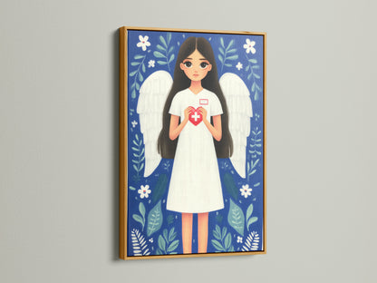 Nurse Angel canvas print in a gold frame. It is a luxurious tribute to healthcare professionals. The illustration depicts a nurse with angel wings holding a heart with a medical cross. This artwork is a perfect blend of elegance and appreciation for any medical setting.