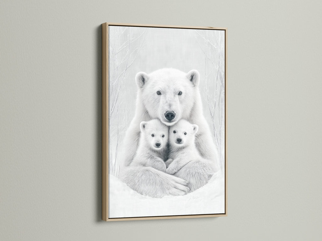This is a oak frame showcasing a polar bear family artwork. The natural wood tone enhances the monochrome animal canvas. It is ideal for creating a cozy nursery wall decor or bedroom wall decor.