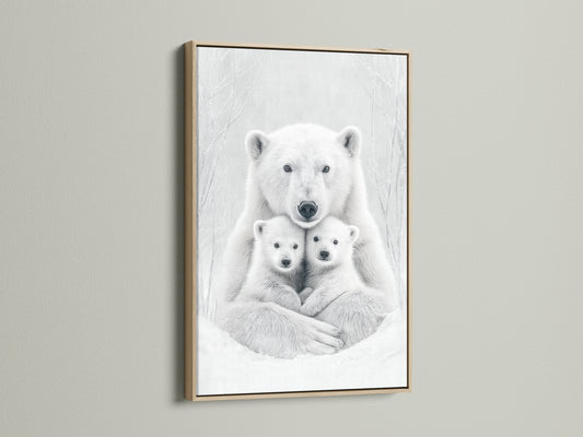 This is a oak frame showcasing a polar bear family artwork. The natural wood tone enhances the monochrome animal canvas. It is ideal for creating a cozy nursery wall decor or bedroom wall decor.