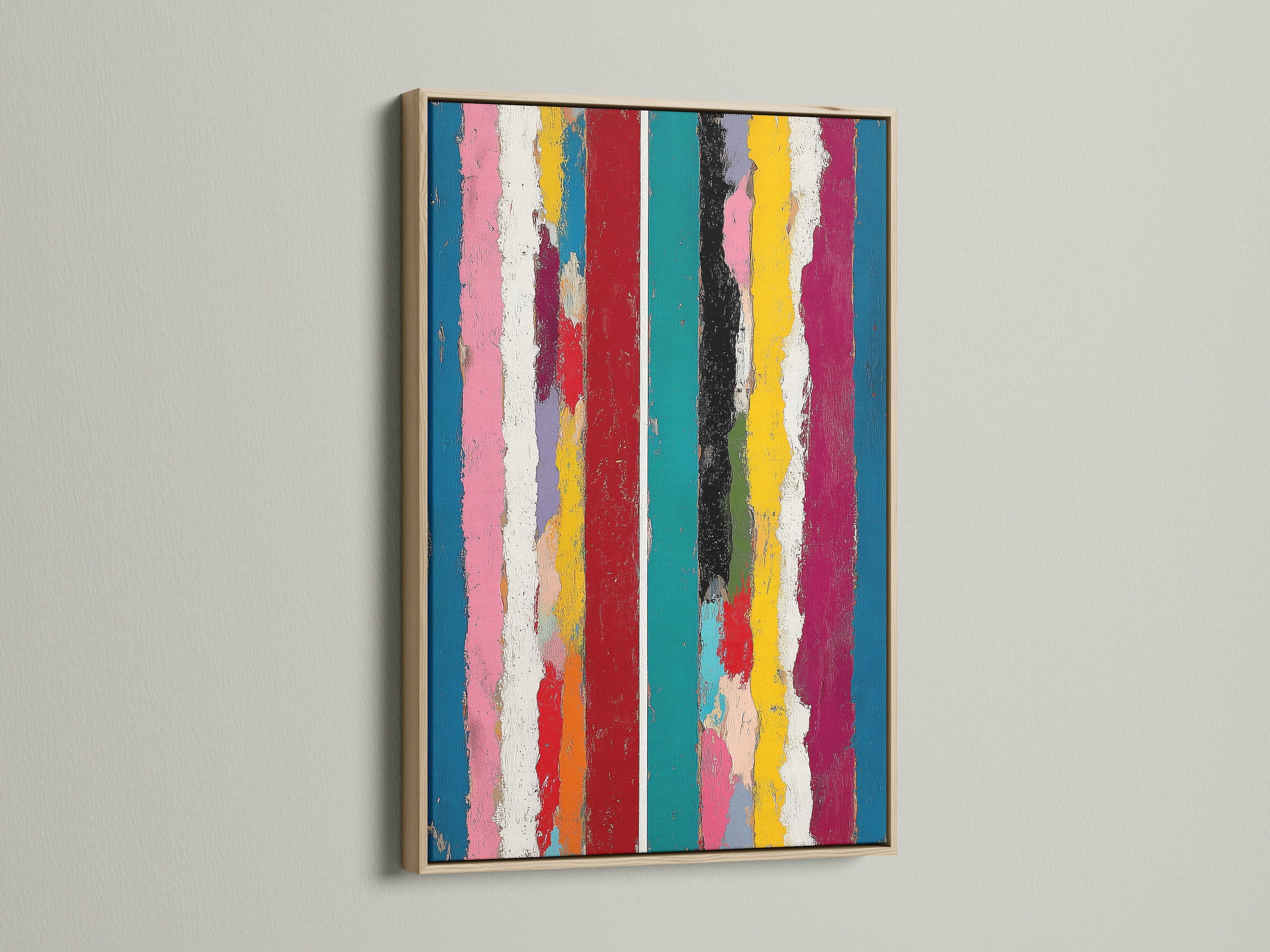 A colorful abstract stripe artwork in an oak frame enhances a modern space. The rainbow stripes and vertical lines create a contemporary focal point. This art is ideal for adding a vibrant touch to your home or office decor.