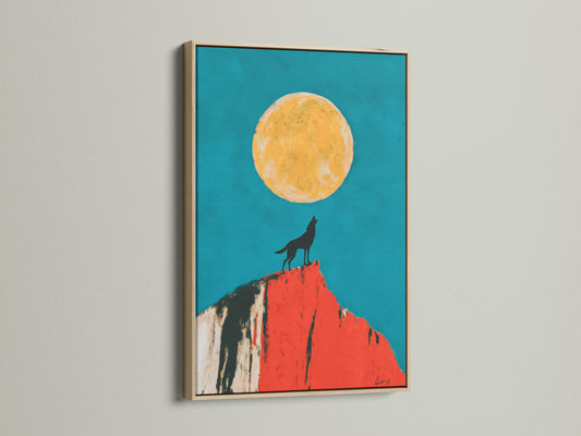 Wolf Moon artwork in an oak frame graces a wall. This animal canvas print embodies southwestern charm. The teal and orange hues blend harmoniously. It brings a touch of nature to any space. Ideal for those seeking contemporary wall decor.