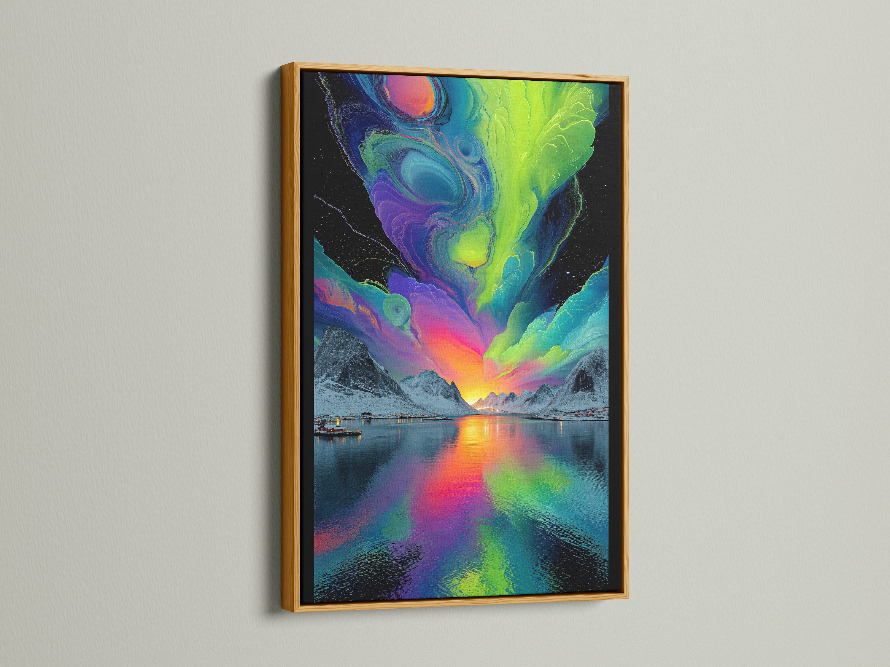 Gold frame enhances the beauty of Northern Lights artwork. The colorful canvas print adds a touch of elegance to modern interiors. Perfect for creating a vibrant focal point in any space. A sophisticated choice for wall art.