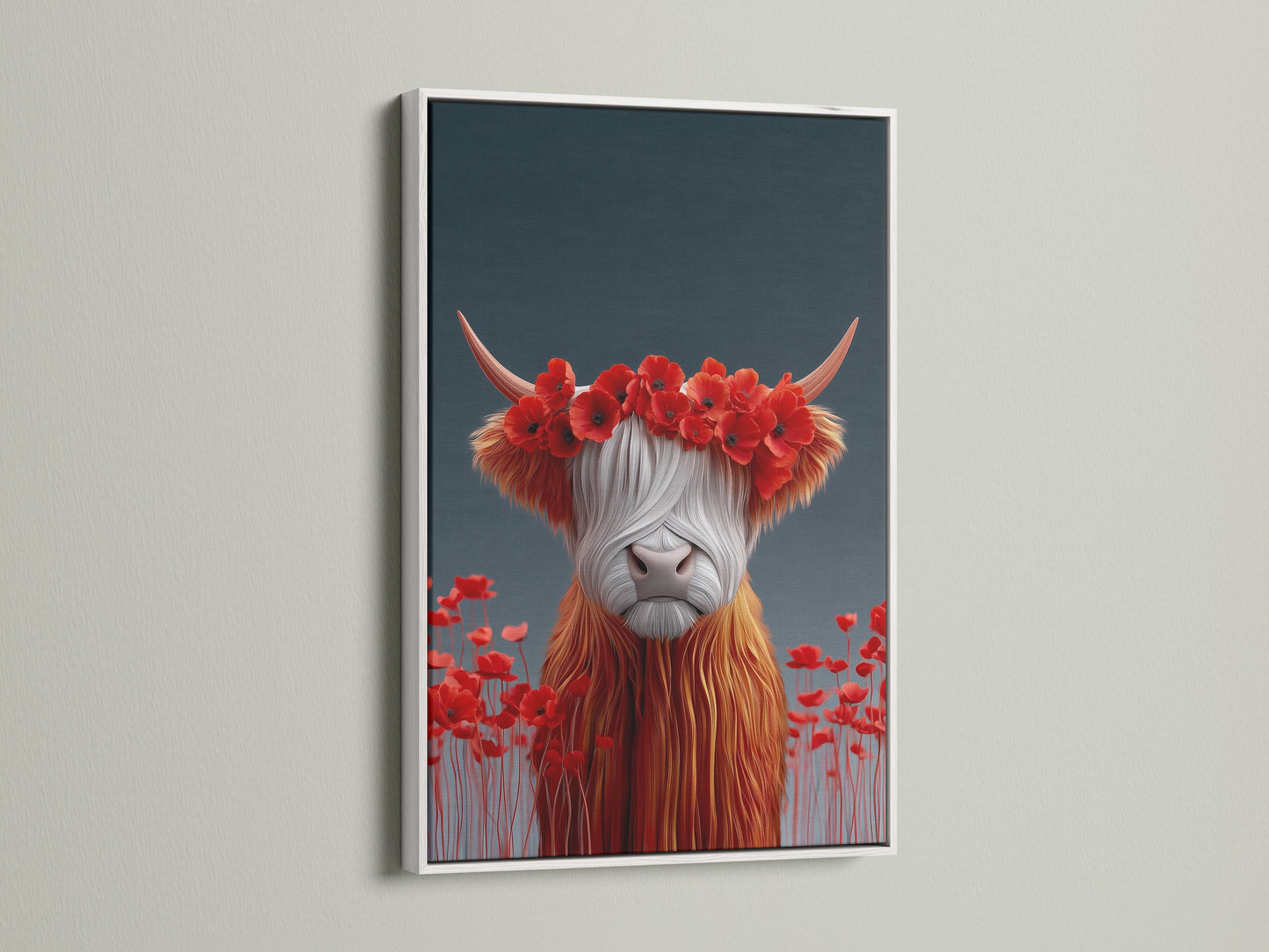 The Highland Cow artwork is displayed in a white frame. The clean white frame offers a modern touch to this farmhouse art piece. It's ideal for brightening up your living room wall. Discover this charming animal art print today