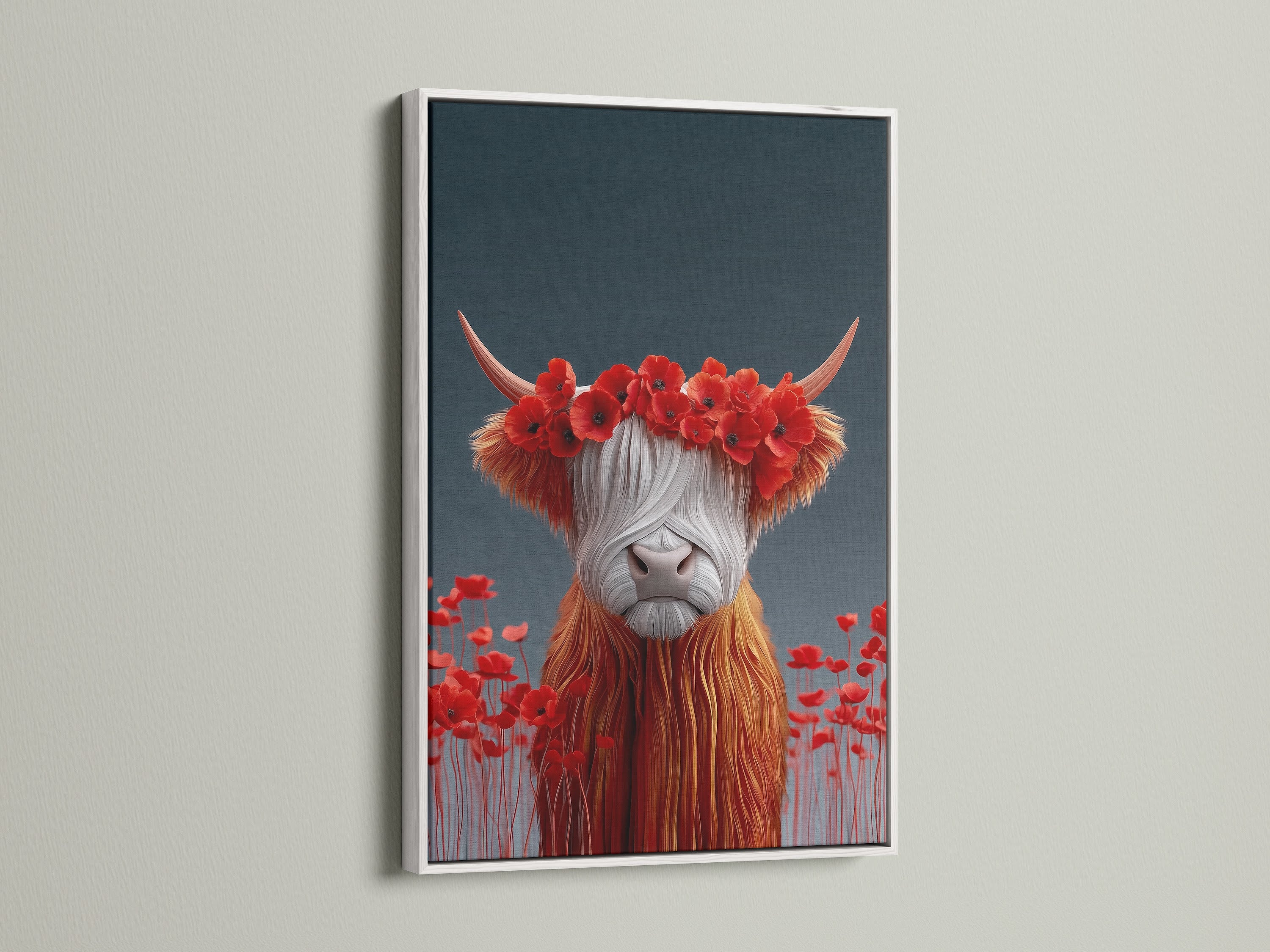 The Highland Cow artwork is displayed in a white frame. The clean white frame offers a modern touch to this farmhouse art piece. It's ideal for brightening up your living room wall. Discover this charming animal art print today