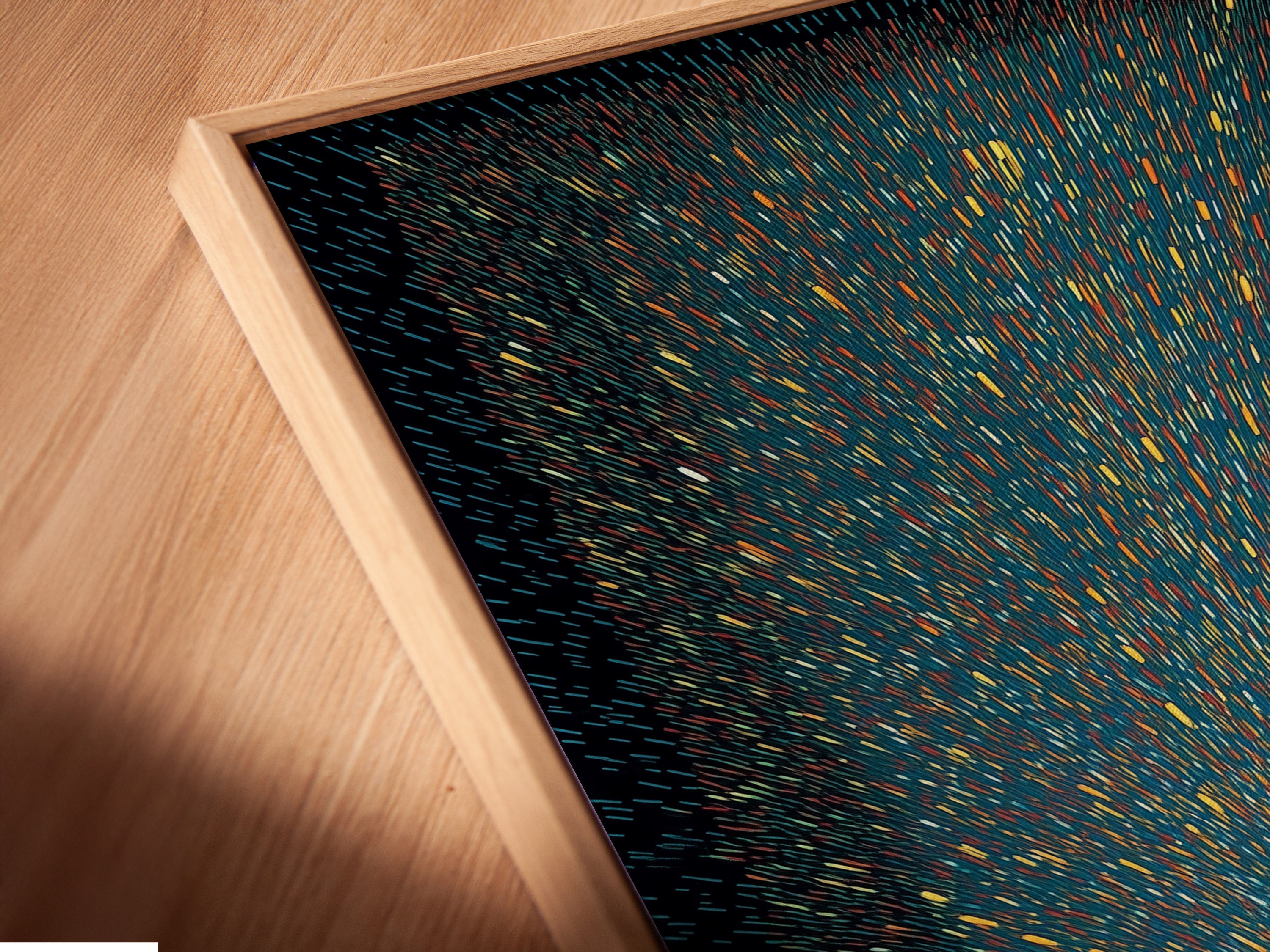 Angled close up of a canvas print in a floating frame. This stylish art option enhances any artwork. The floating frame adds a modern touch. Perfect for displaying your favorite prints and artwork.