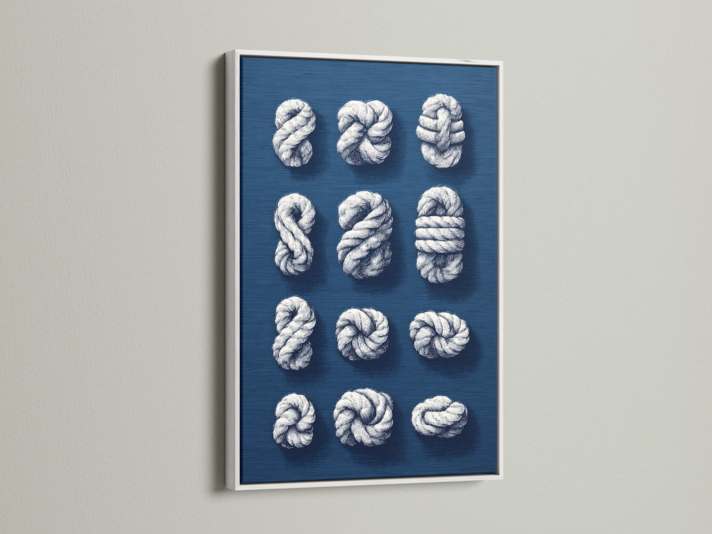 Impression sur toile Noeuds de corde nautique - Art mural côtier bleu marine, Décor maritime pour le salon d’une maison de plage
