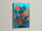 Botanical artwork featuring teal and orange abstract leaves in an oak frame. The artwork adds a refined touch to minimalist and Scandinavian interiors. Ideal for living rooms bedrooms and offices seeking contemporary wall decor. Discover how this print elevates your space.