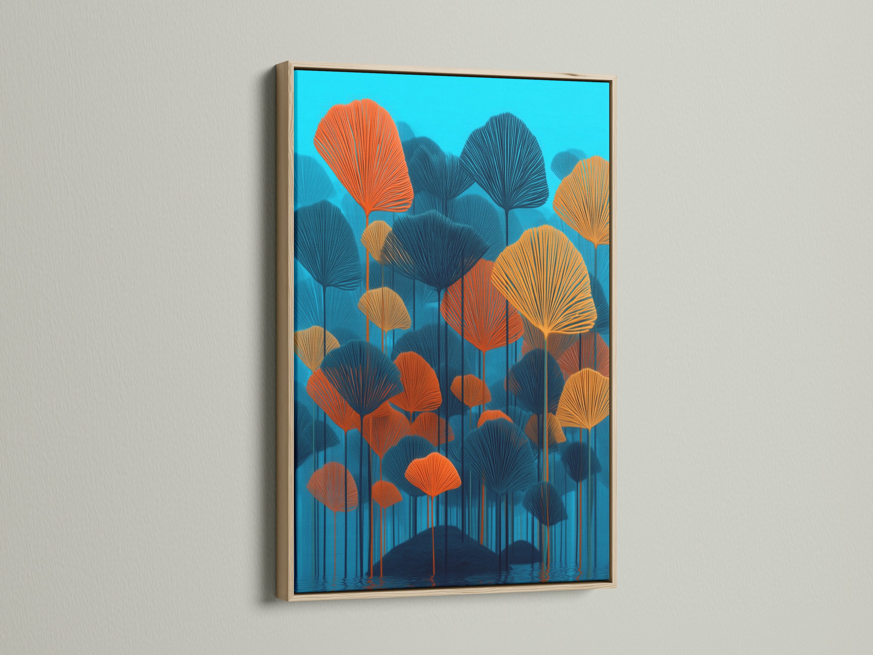 Botanical artwork featuring teal and orange abstract leaves in an oak frame. The artwork adds a refined touch to minimalist and Scandinavian interiors. Ideal for living rooms bedrooms and offices seeking contemporary wall decor. Discover how this print elevates your space.
