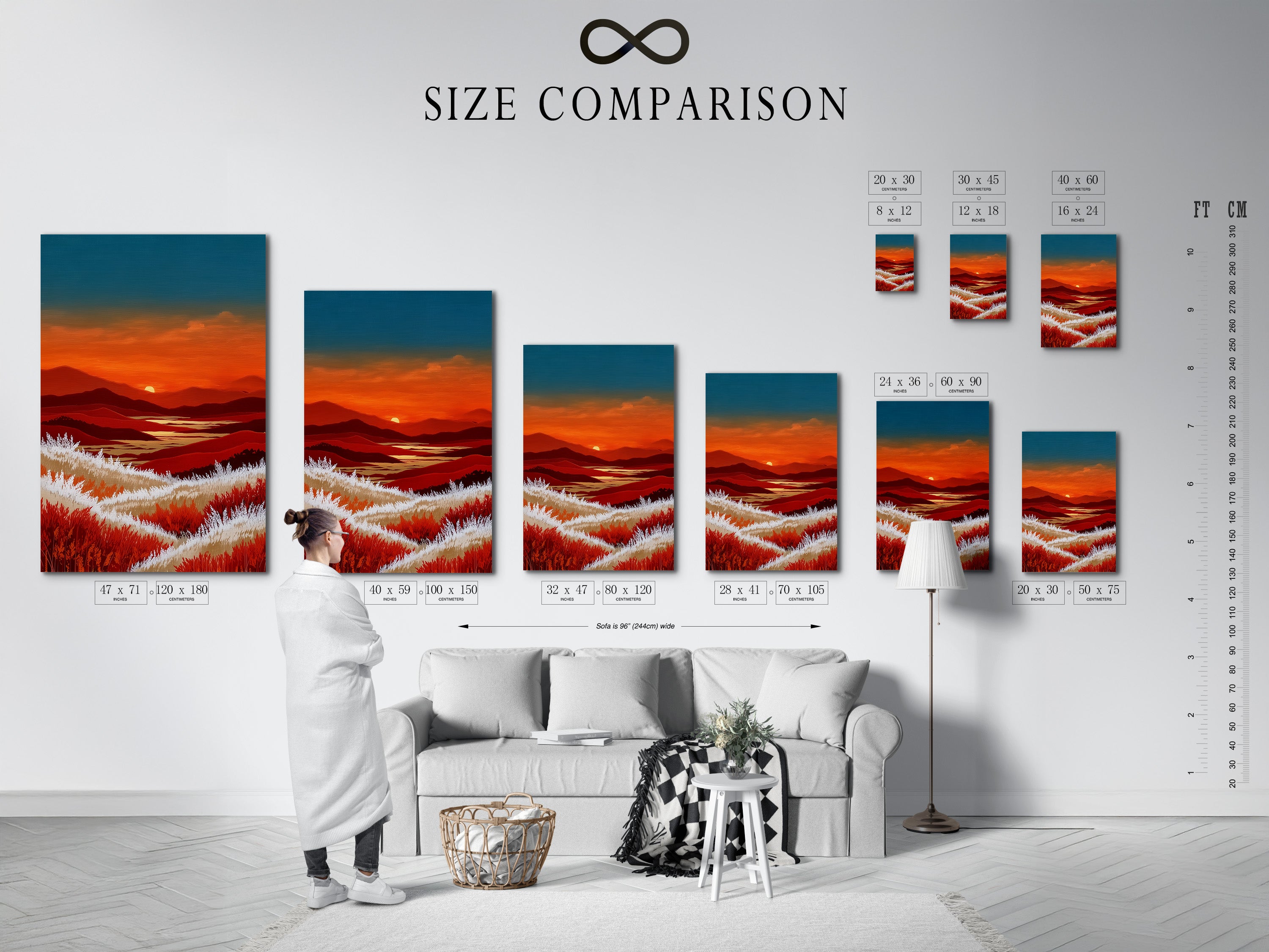 The size comparison chart is shown in an interior setting. It allows customers to visualize the artwork in different sizes. The chart includes stretched canvas prints fine art poster paper and floating frames. This helps customers make informed decisions about their wall art. See how it will look in your space.