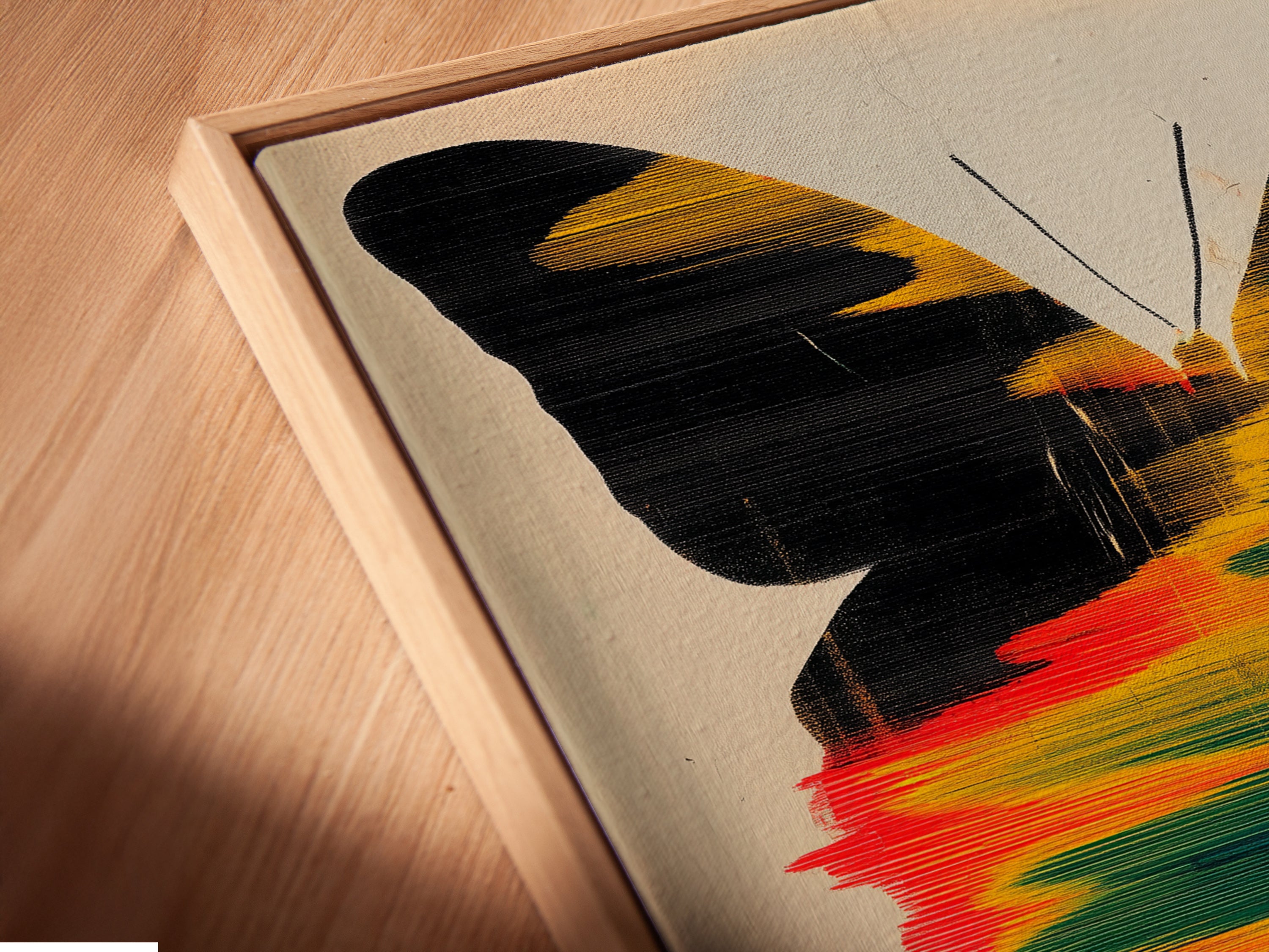 Angled close-up of a canvas print in a floating frame. Showcasing the depth and texture of the butterfly artwork. The floating frame gives a modern gallery look. Transform your walls with our unique canvas prints today