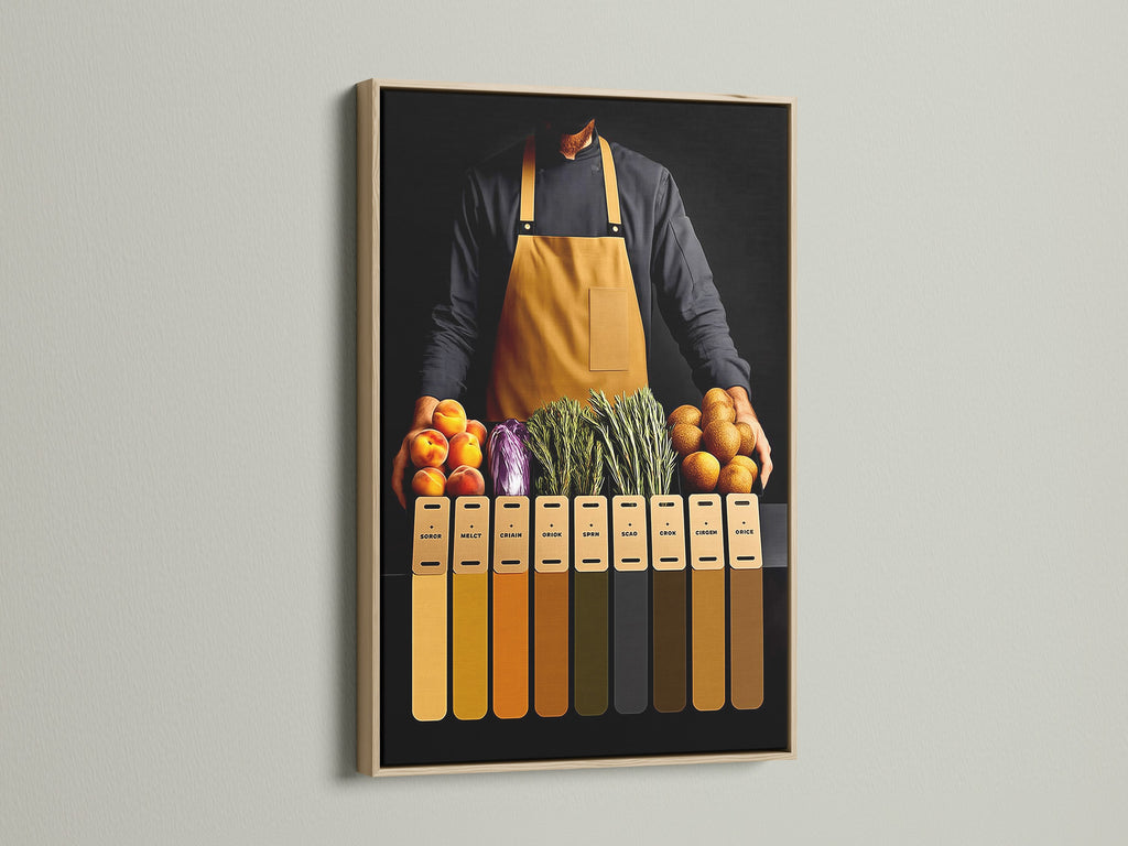Chef artwork displayed in an oak frame. This kitchen print is a modern foodie art for dining room decor.  It will add a touch of sophistication to any space. Ideal for chefs and restaurant owners. This culinary canvas enhances any kitchen or dining area.