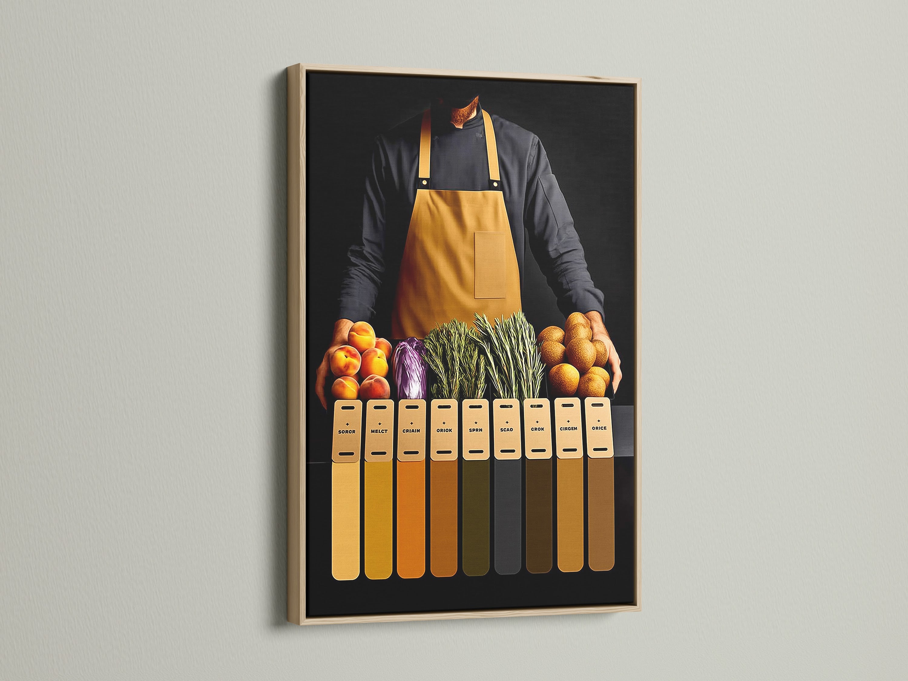 Chef artwork displayed in an oak frame. This kitchen print is a modern foodie art for dining room decor.  It will add a touch of sophistication to any space. Ideal for chefs and restaurant owners. This culinary canvas enhances any kitchen or dining area.