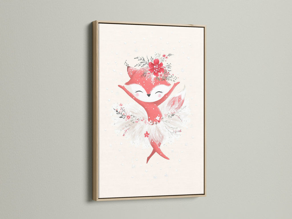 A delightful fox ballerina artwork is beautifully showcased in an oak frame. This animal art print brings a Scandinavian touch to nursery wall decor. Ideal for adding a cute and heartwarming element to a baby girl's room or any space needing a whimsical ballet poster.