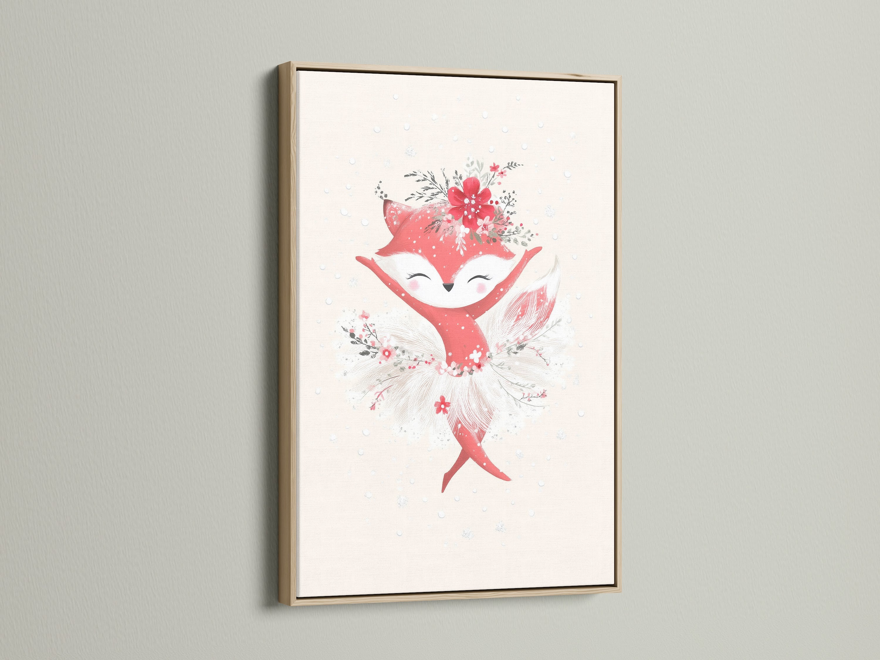 A delightful fox ballerina artwork is beautifully showcased in an oak frame. This animal art print brings a Scandinavian touch to nursery wall decor. Ideal for adding a cute and heartwarming element to a baby girl's room or any space needing a whimsical ballet poster.