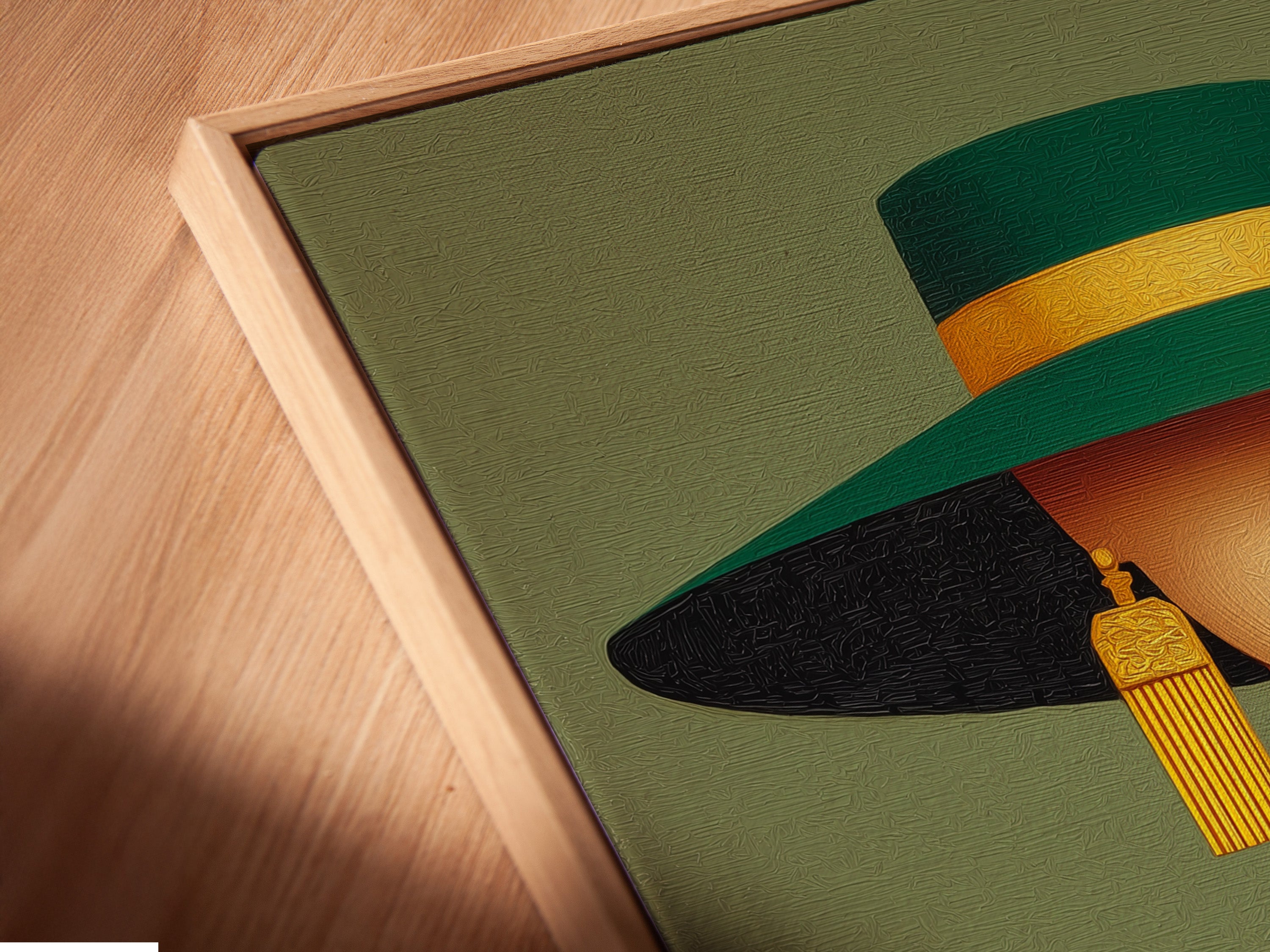 A close-up angled view of a canvas print in a floating frame. This elegant woman portrait artwork is in an art deco style. It features emerald green and gold accents. The floating frame adds a modern touch. This artwork is perfect for any room.