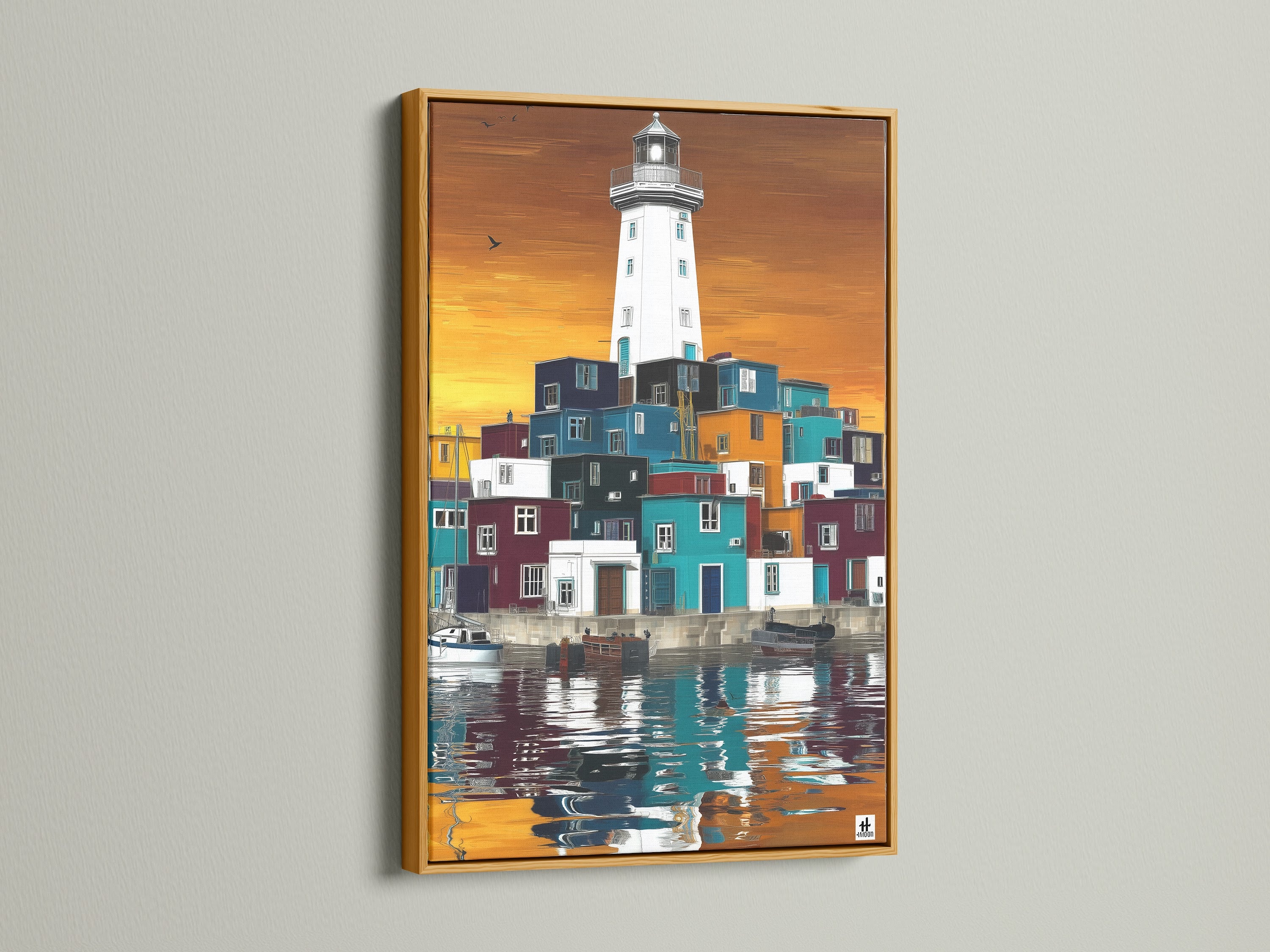 The coastal lighthouse artwork is gorgeously framed in gold. This frame enhances the artwork's vibrant colors. The nautical wall art adds a luxurious touch to any room. The seaside village scene is beautifully highlighted. It brings a touch of elegance.