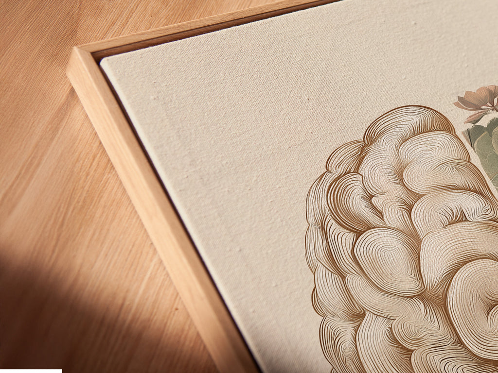 A close-up of a canvas print in a floating frame. The floating frame gives the artwork a modern gallery look. See the depth and texture of the canvas. This framing style enhances the visual impact of the art print. This is perfect for contemporary spaces.