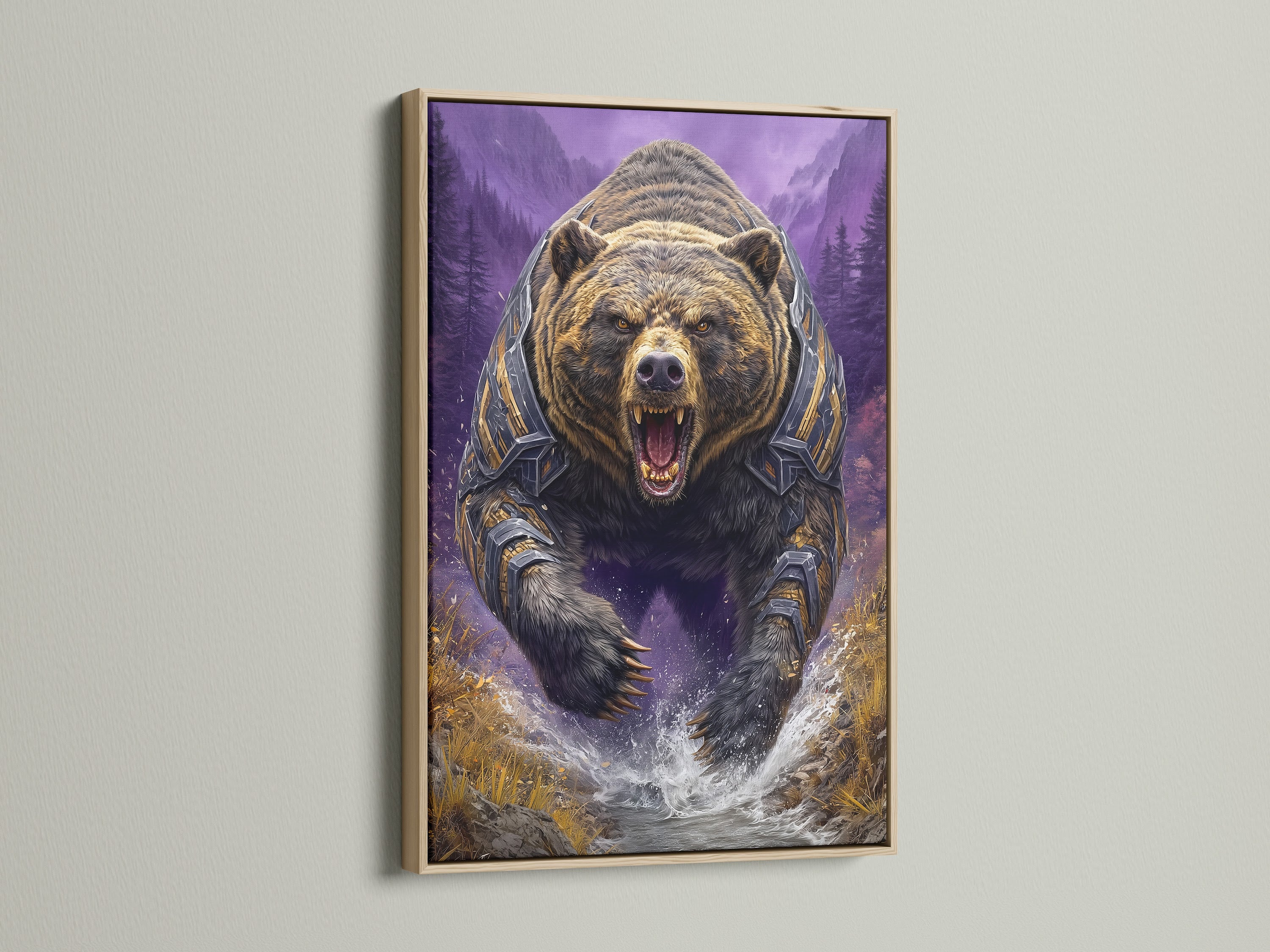 Grizzly Bear artwork displayed in an oak frame. This fantasy wildlife art features a bear in armor with a purple mountain background. Perfect wall art for a man cave or adventure themed space. Bring nature indoors.
