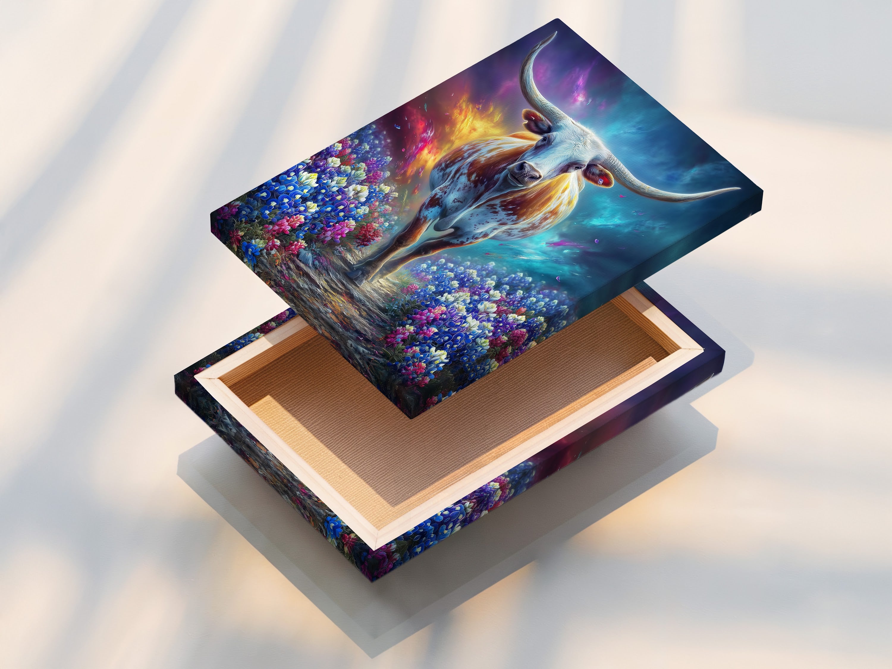 This is a stretched canvas print featuring mystical cow artwork. The fantasy animal art brings ethereal charm to any room. The wildflower field art enhances minimalist or farmhouse decor. A perfect piece for living rooms bedrooms or offices. Elevate your space with this unique artwork.